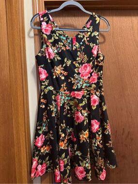 Women’s Black Floral A-Line Dress with Pink Rose Print. So pretty